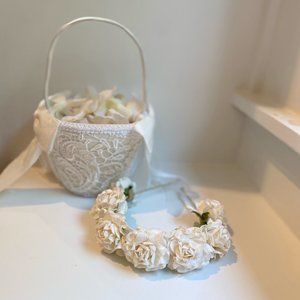 Handmade ivory flower crown & Flower girl basket